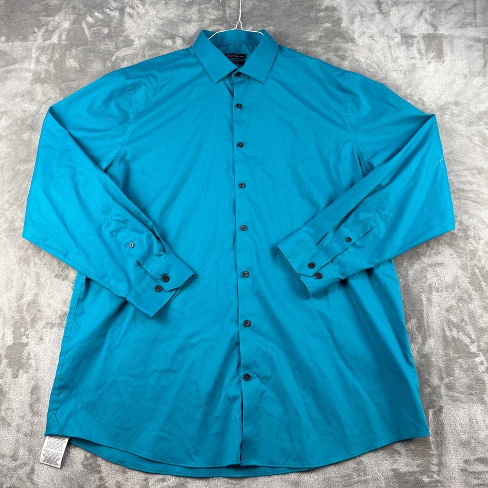 Kenneth Cole Button-Down Mens 17.5 34/35 Slim Fit Teal Non Iron Stretch EUC